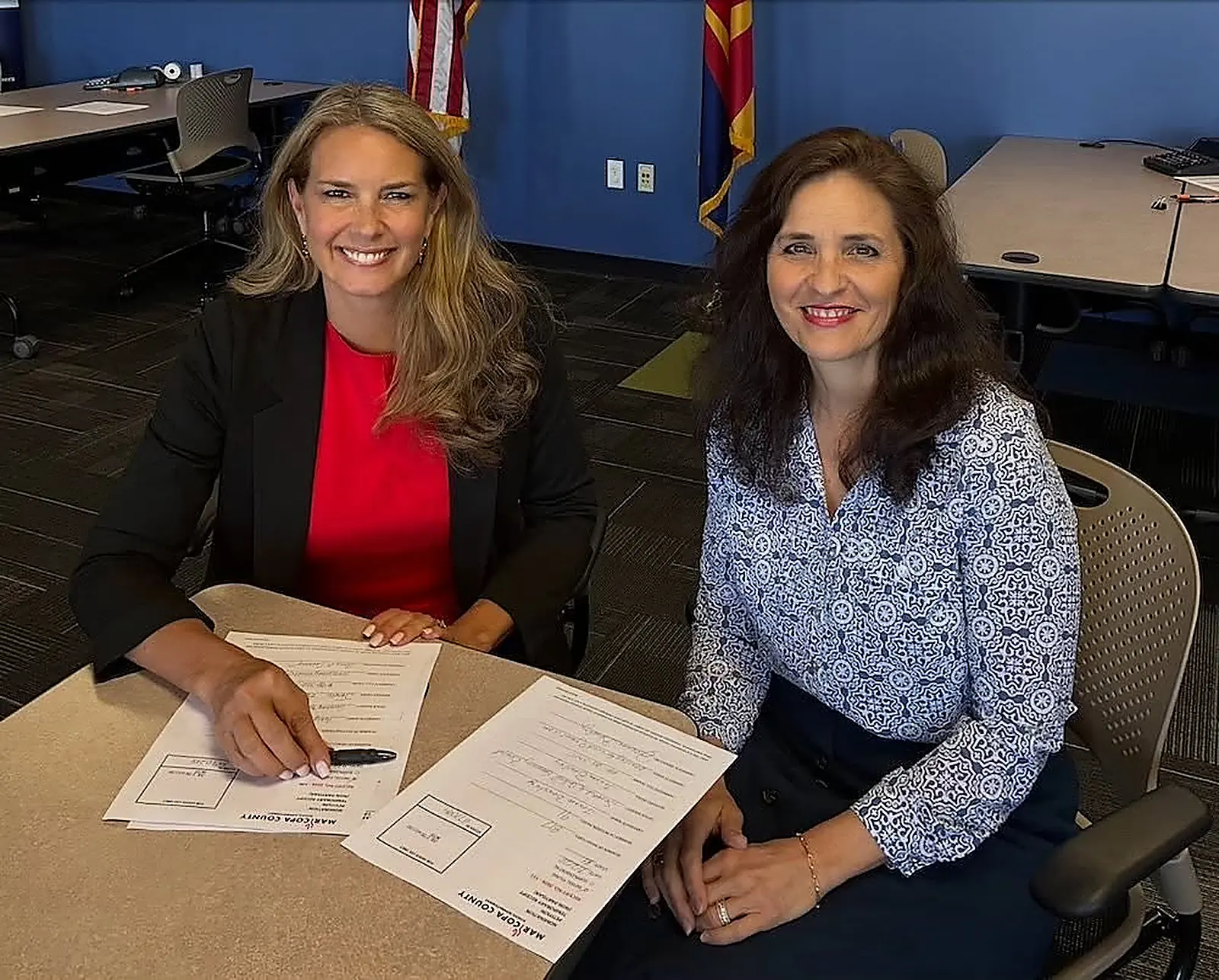Amy Carney and Jeanne Beasley filing their candidate paperwork together in Scottsdale